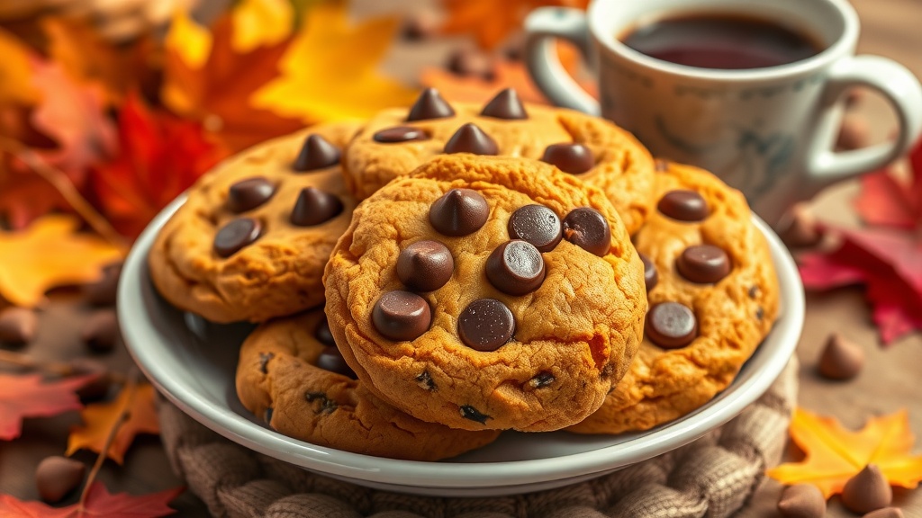 A plate of warm pumpkin chocolate chip cookies with chocolate chips, set in an autumn-themed background.